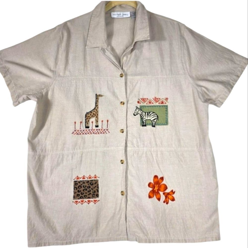 Victoria Jones Woman Safari Embroidered Cotton Shirt Blouse 1X